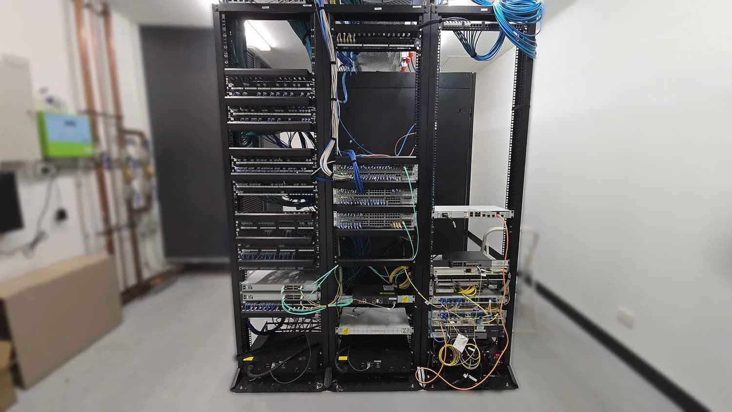 Office data rack, patched and labelled