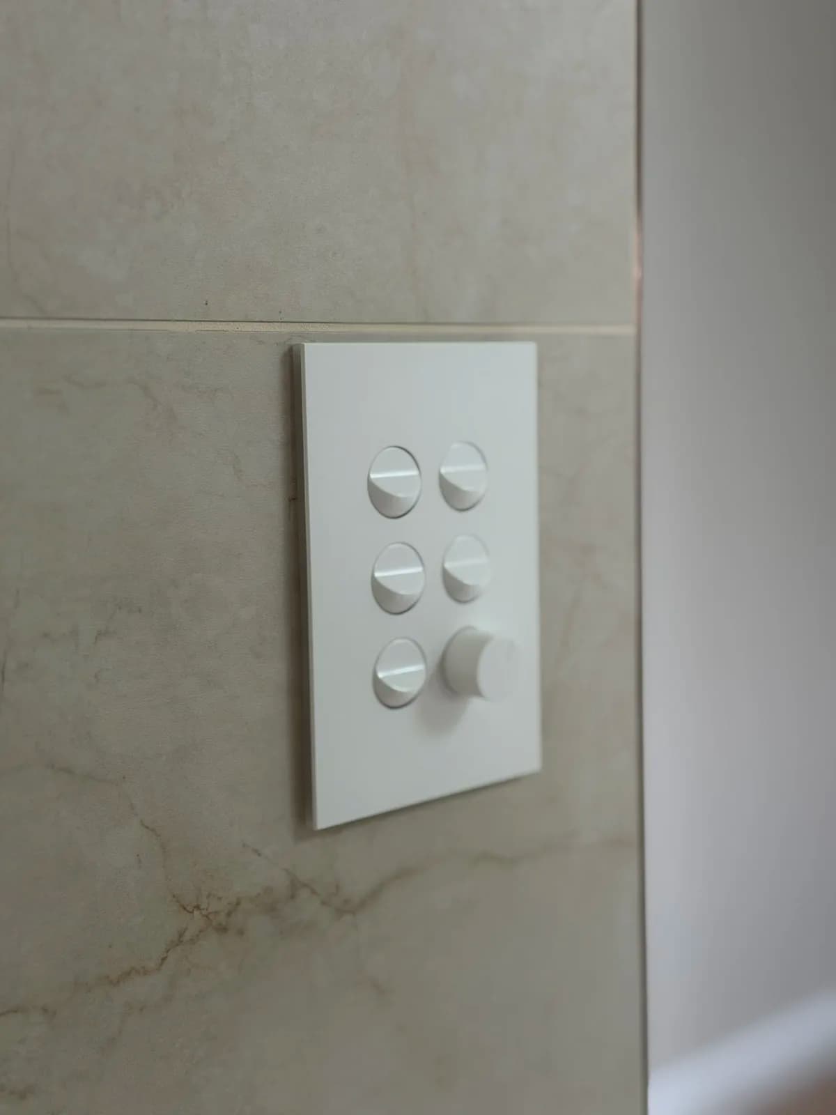 Six-gang switch plate, white on stone